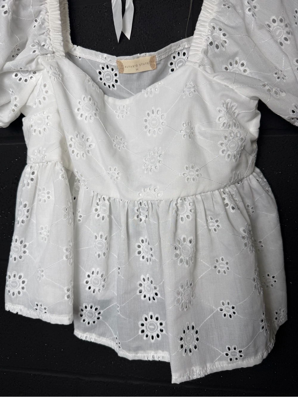 Babydoll Style- Altar'd State White Eyelet Peasant Puff Sleeve Top Medium - Picture 2 of 11